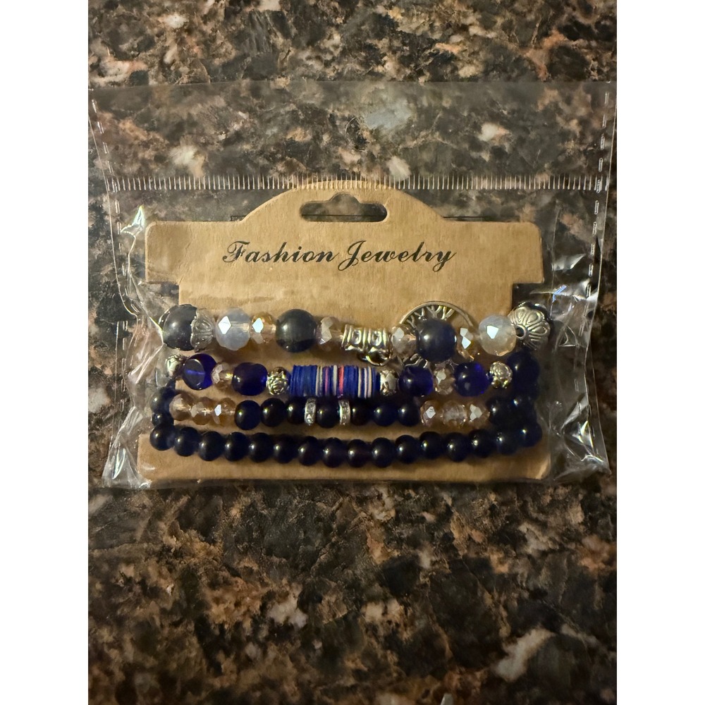 Fashion Jewelry Navy Blue Beaded Stretch Bracelet Set 4 Piece Boho Stack Silver